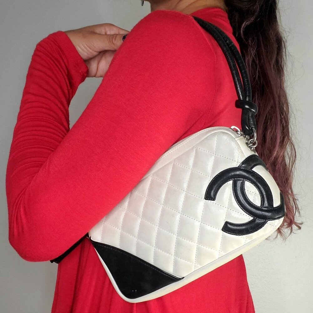 CHANEL Cambon Quilted Ligne Shoulder Bowling Pouch Bag Tote White - Picture 3 of 8